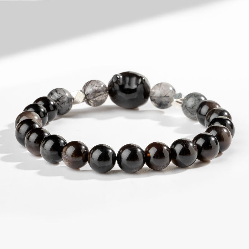 Natural Silver Sheen Obsidian Cute Cat Head Protection Bracelet