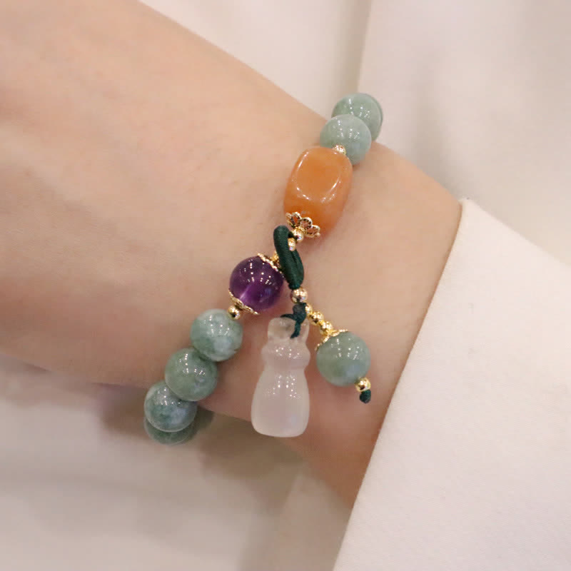 Cyan Jade, Golden Silk Jade & Amethyst Crystal Bracelet with Chalcedony & Energetic Styles
