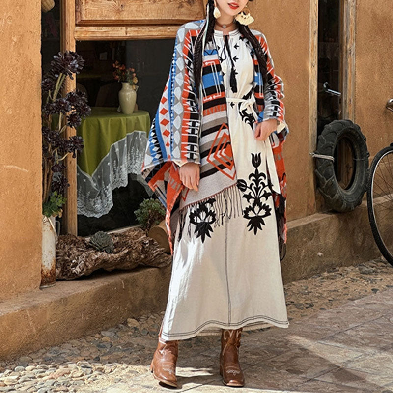 Tibetan Shawl Striped Geometric Pattern Winter Cozy Travel Tassel Scarf Wrap