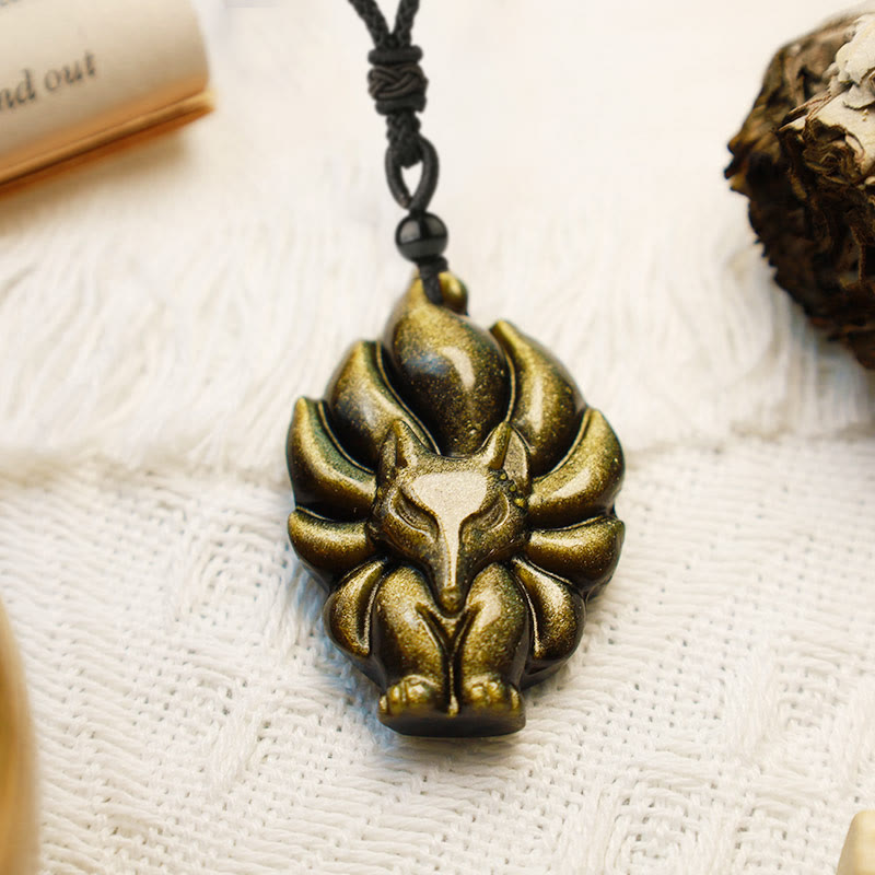 Natural Fluorite Gold Sheen Obsidian Fox Pendant Protection Necklace