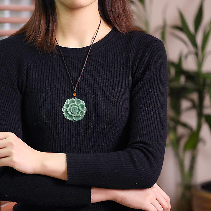 Lotus Pattern Jade Luck Prosperity Necklace Pendant