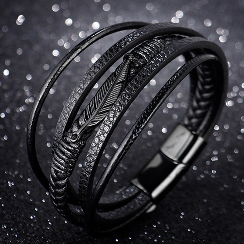 Feather Pattern Multilayer Leather Titanium Steel Calm Braided Magnetic Buckle Bracelet