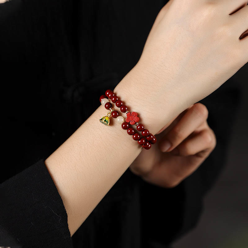 Agate and Cinnabar Lotus Charm Double Wrap Blessing Bracelet