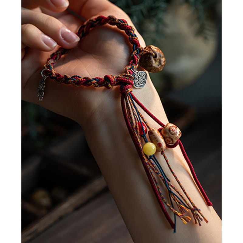 Tibetan Handmade Red String Bracelet with 925 Sterling Silver Koi Fish & Auspicious Clouds