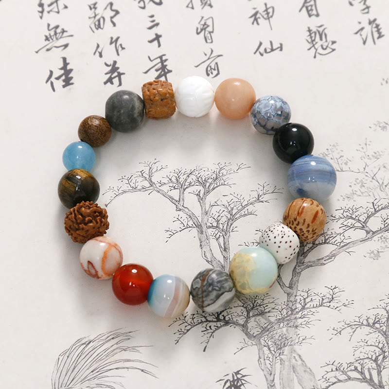 Handmade 18-Bead Bodhi Seed Bracelet with Natural Agate and Clear Quartz