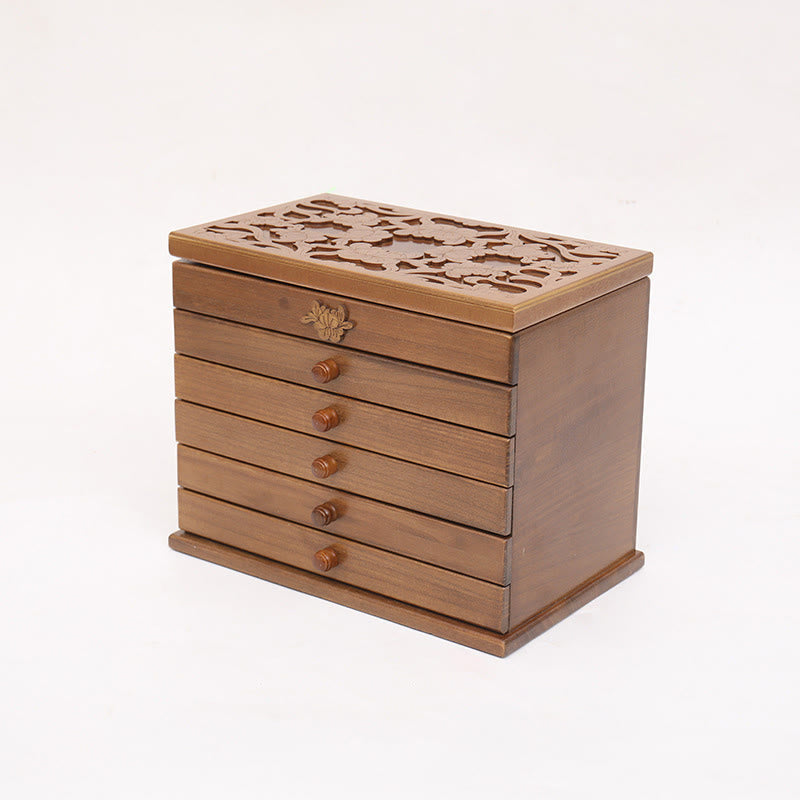 Vintage Floral Carved Paulownia Wood Six-Layer Large Capacity Jewelry Box