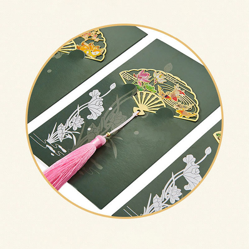 Traditional Butterfly Lotus Flower Crane Dragon Phoenix Fox Koi Fish New Beginning Metal Brass Hollow Fan Bookmarks