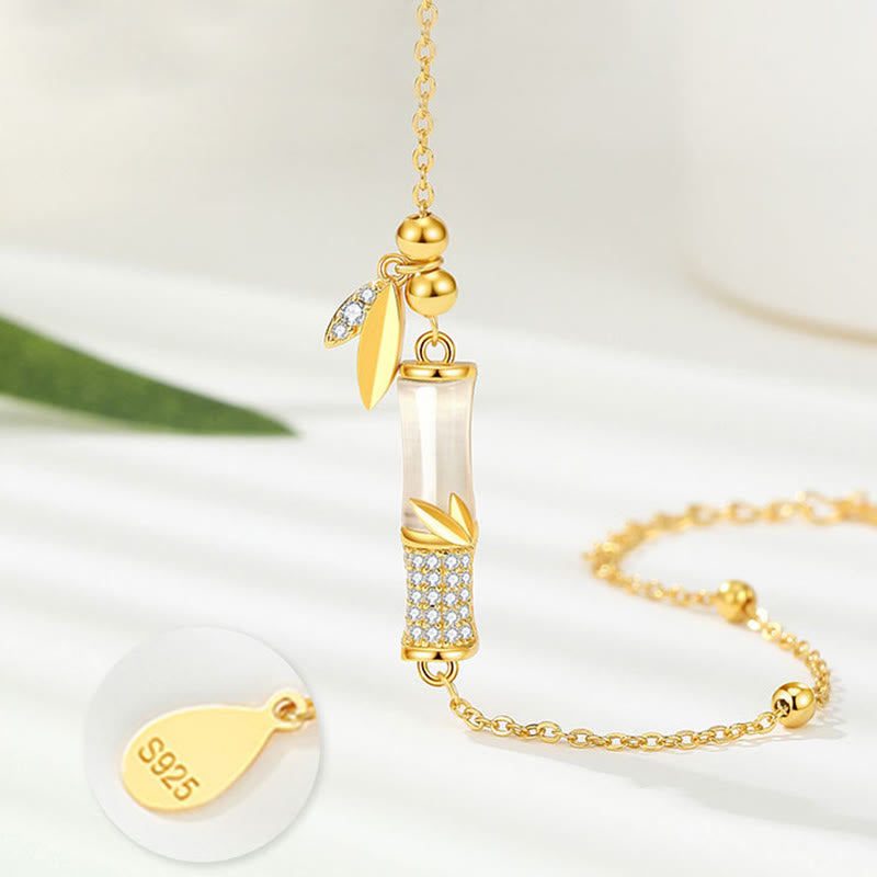 925 Sterling Silver 18K Gold Plated White Jade Bamboo Zircon Leaf Luck Bracelet