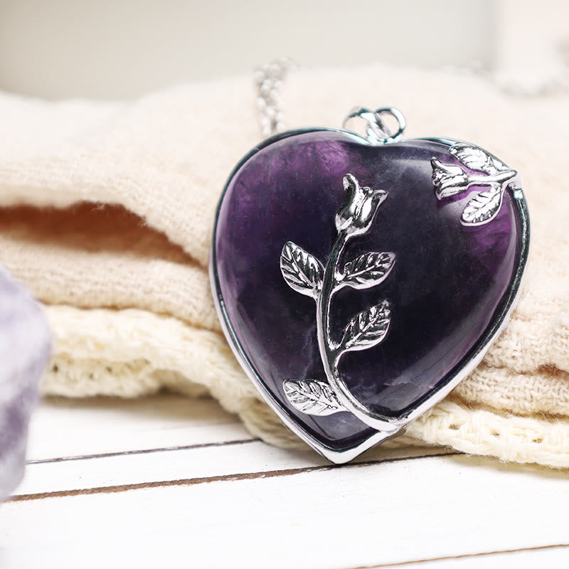 Amethyst Heart Rose Pendant Necklace