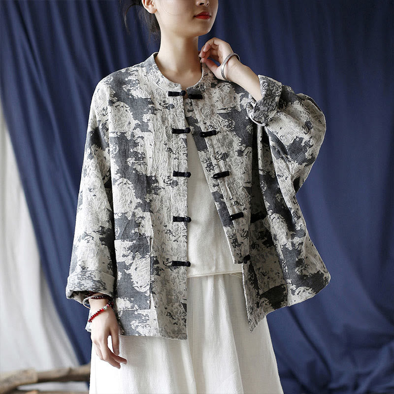 Black Gray Print Frog-button Design Long Sleeve Cotton Linen Jacket Shirt With Pockets