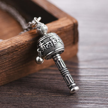 Tibetan Om Mani Padme Hum Prayer Wheel Lotus Wisdom Rotatable Necklace Pendant