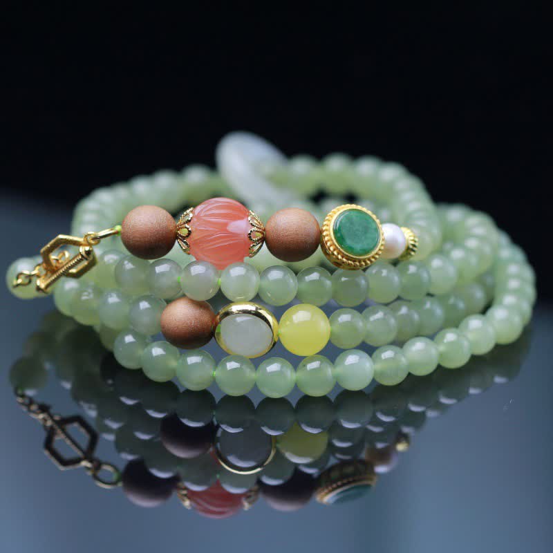 Natural Hetian Jade and Amber Lotus Beaded Red Agate Energy Bracelet