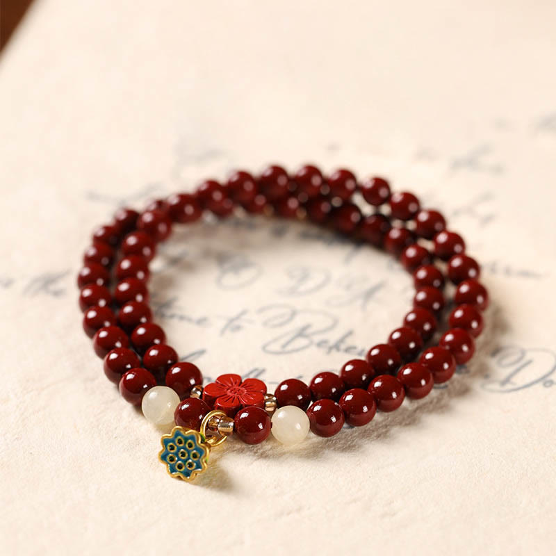Agate and Cinnabar Lotus Charm Double Wrap Blessing Bracelet