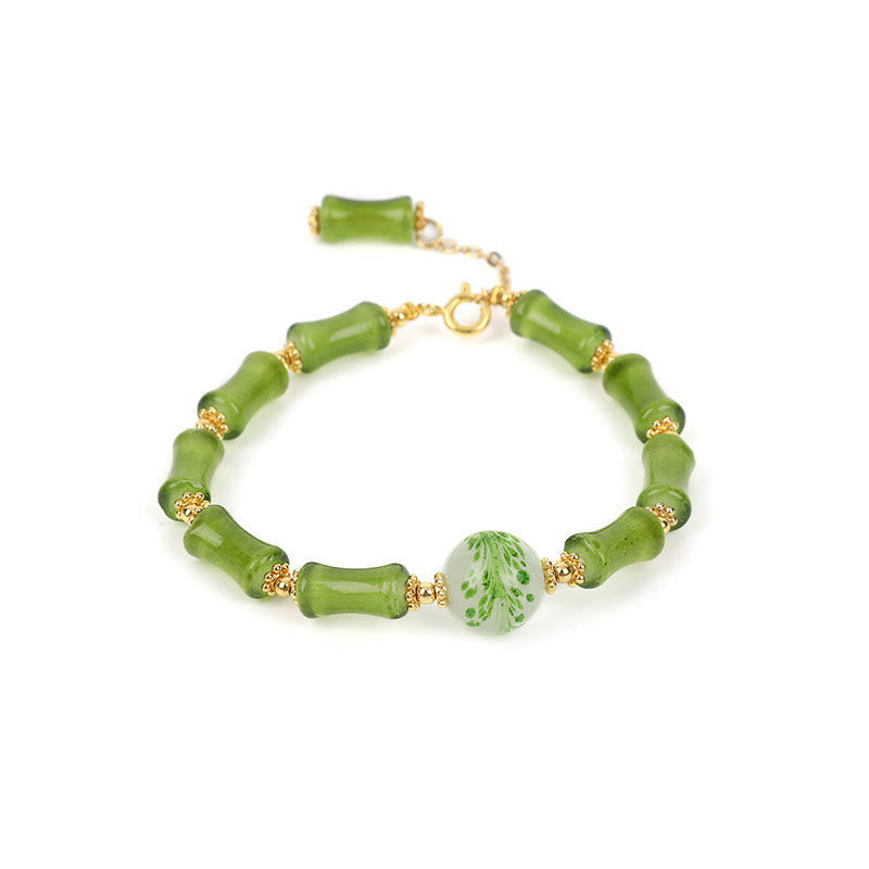 Handcrafted Moss Agate and Green Liuli Crystal Bamboo Motif Chain Bracelet