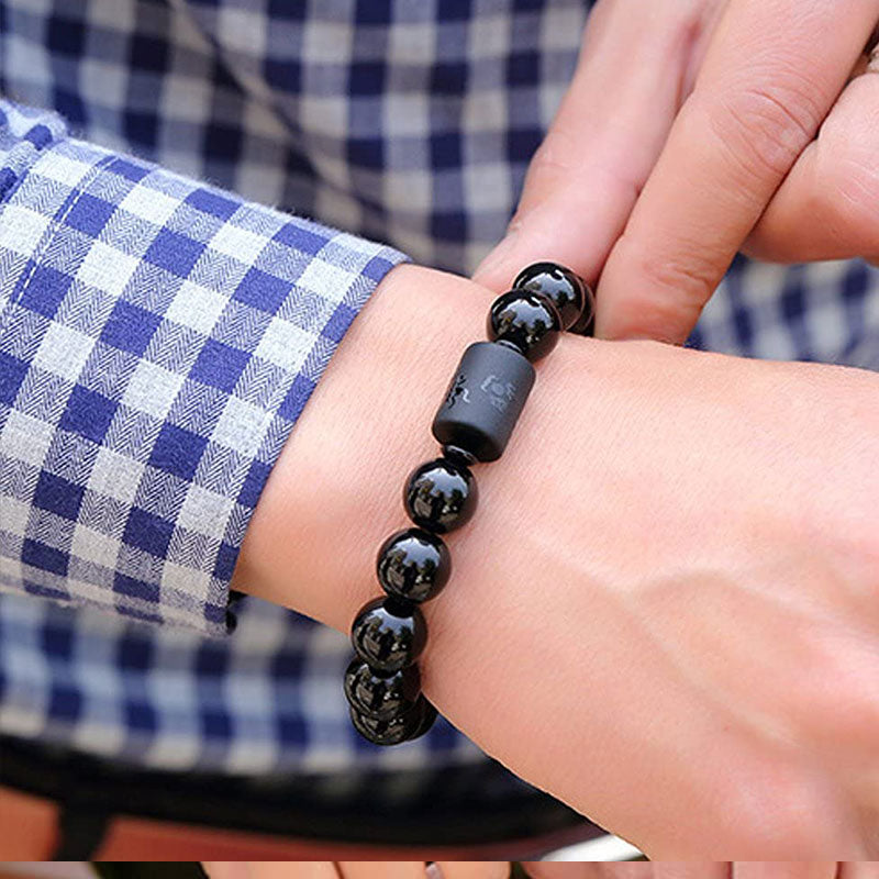 Carved Black Obsidian Dragon and Phoenix Beaded Energy Bracelet