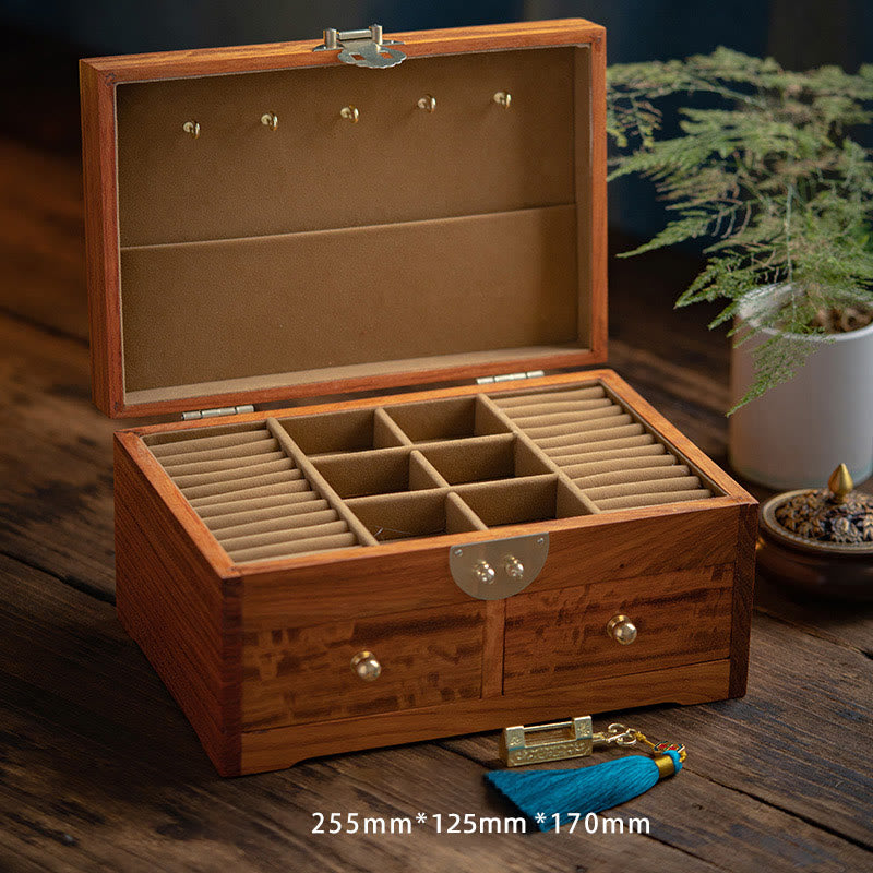 Handmade Antique Rosewood Double Layer Lockable Flower Jewelry Storage Box