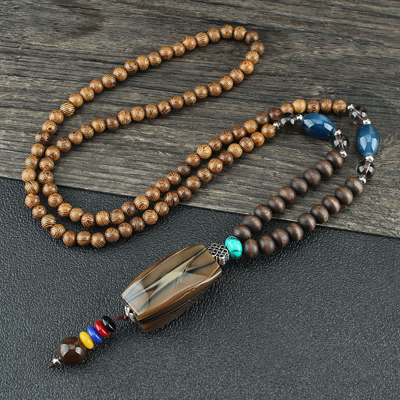 Tibetan Wenge Wood Bodhi Seed Agate Balance Peace Necklace Pendant (Extra 40% Off | USE CODE: FS40)