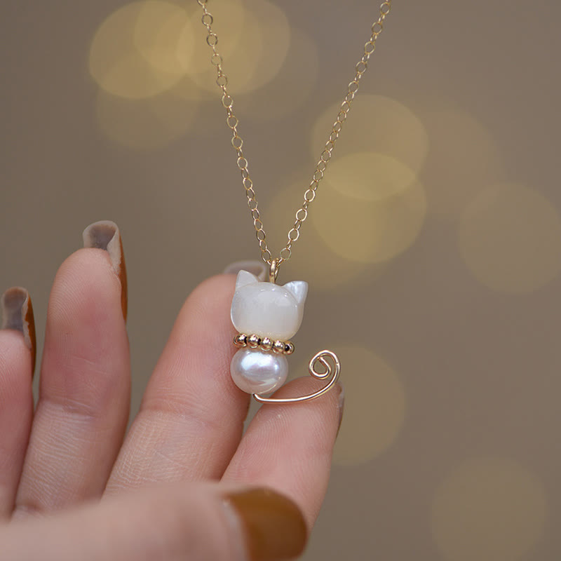 14K Gold Plated Pearl Hetian Jade Shell Luck Cat Kitten Necklace Pendant