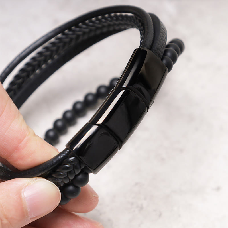 Natural Lava Rock Black Onyx Bead Leather Bracelet