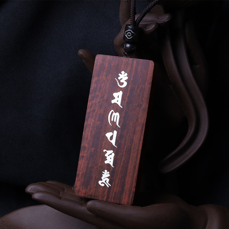 999 Sterling Silver Small Leaf Red Sandalwood Ebony Wood Om Mani Padme Hum Inlaid Protection Necklace Pendant