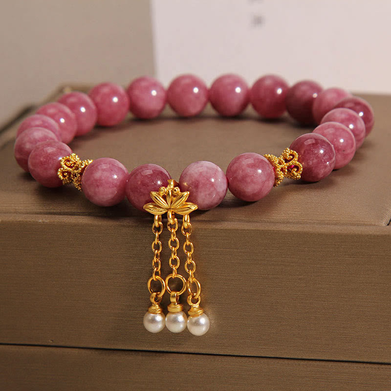 Delicate Pink Tourmaline and Pearl Lotus Flower Beaded Bracelet