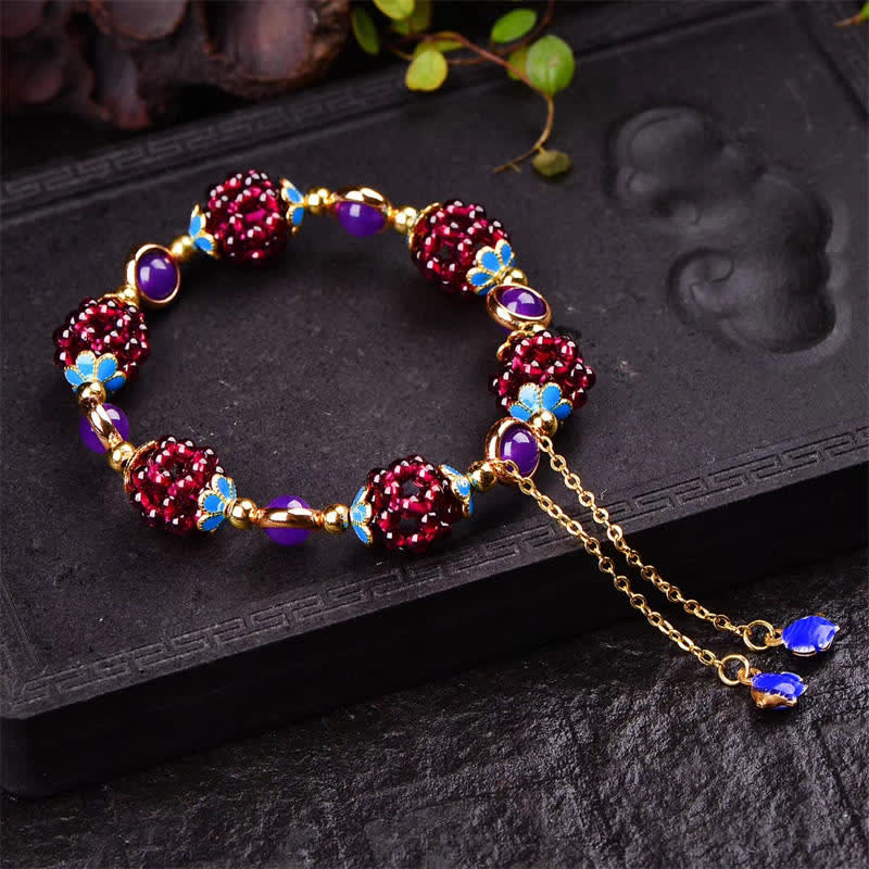Tibetan-Inspired Handmade Garnet and Amethyst Beaded Bracelet