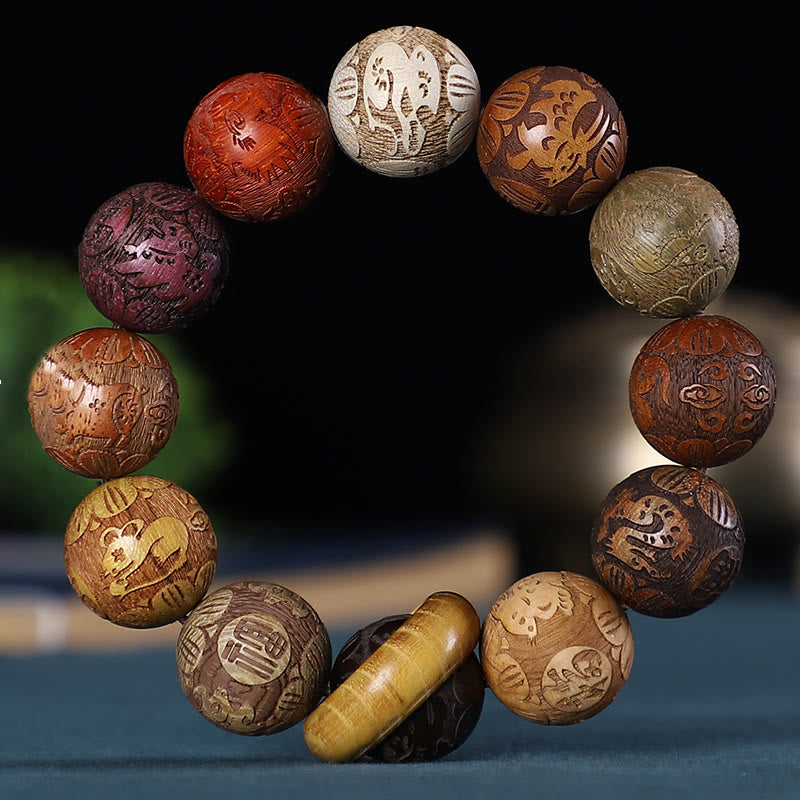 Chinese Zodiac Rosewood Green Sandalwood Ebony Wood Copper Coin Carved Calm Bracelet