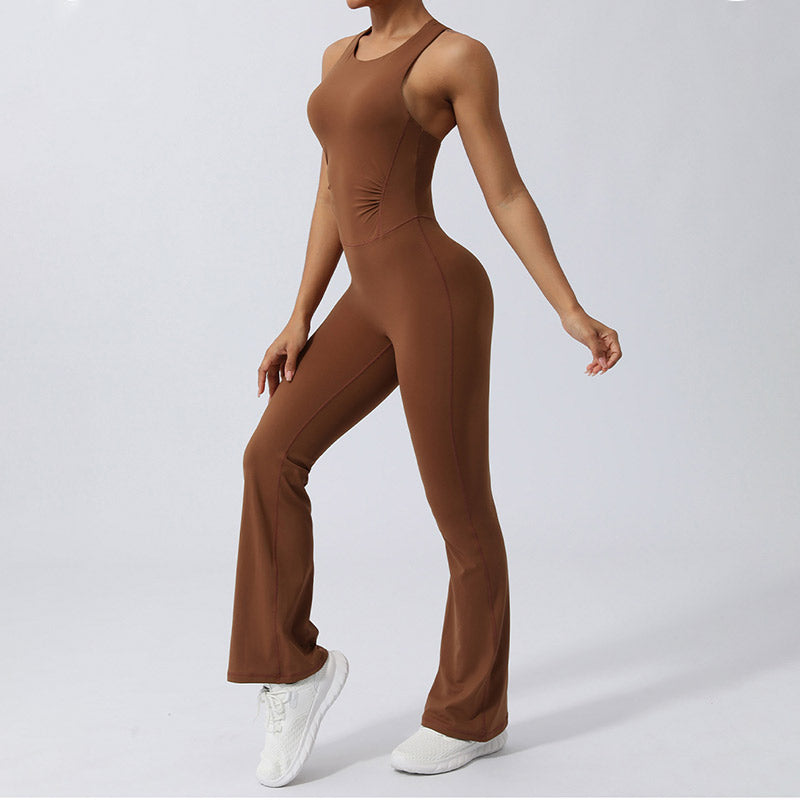 Women Workout Crisscross Sleeveless Flare Jumpsuit Sports Fitness Yoga Bodysuit
