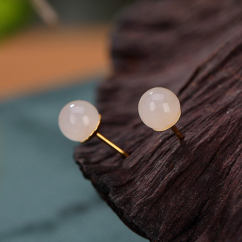 Handmade 925 Sterling Silver Round White Jade and Gold Minimalist Stud Earrings