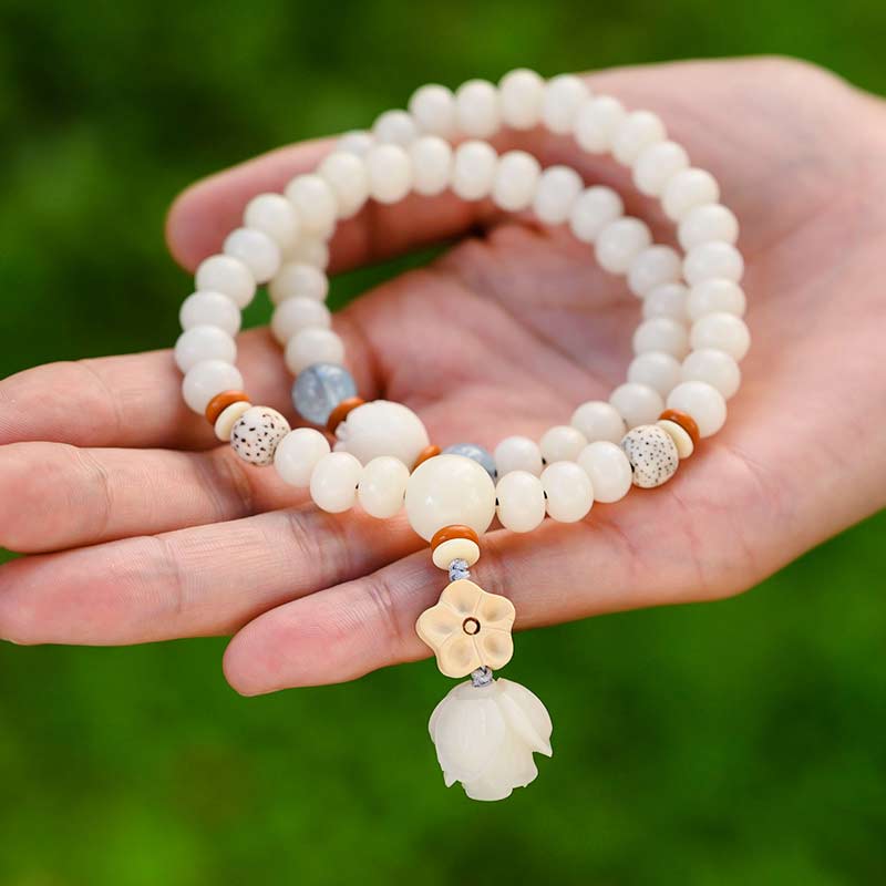 Tibetan White Jade Bodhi Lotus Blessing Bracelet