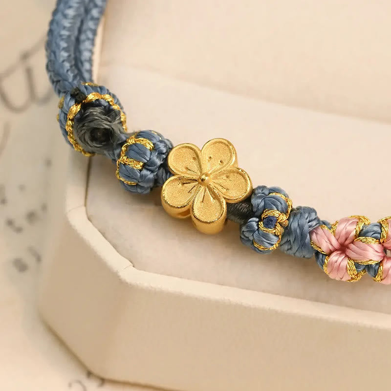 Handcrafted Red String Bracelet with Gold-Toned Copper Peach Blossom Charm