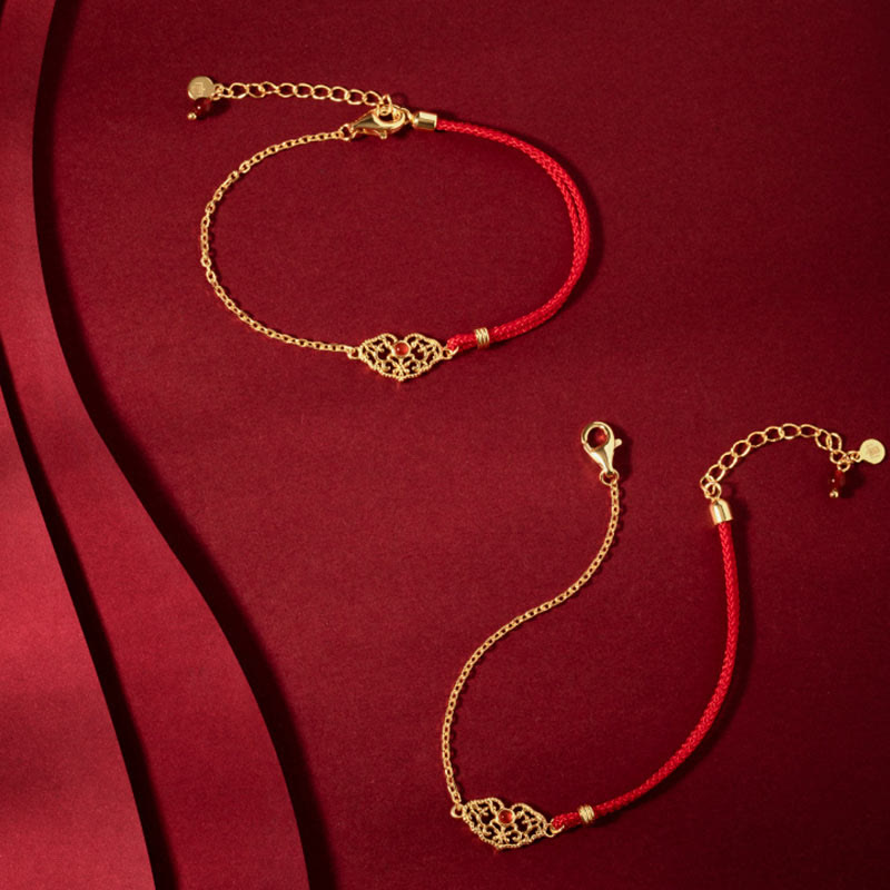 Handmade Red String Bracelet with Gold Longevity Lock and Red Agate