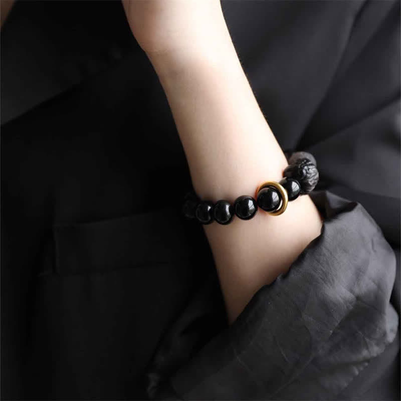 Guardian Lion Silver Sheen & Black Obsidian Beaded Resilience Bracelet