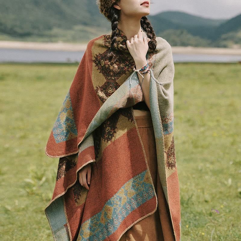 Tibetan Shawl Diamond Pattern Winter Warm Cloak Scarf
