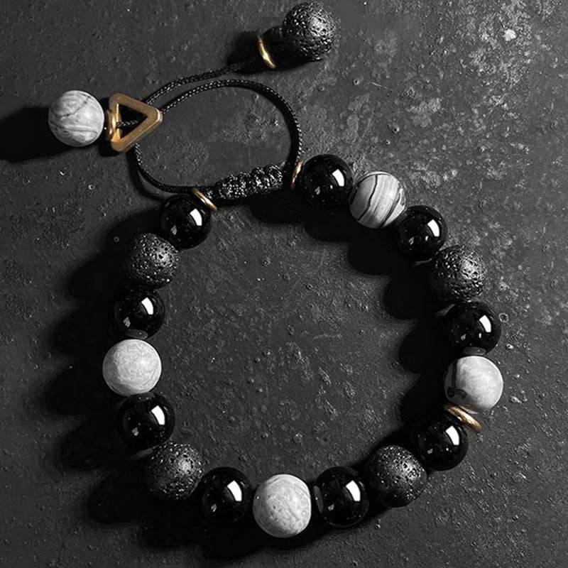 Yin Yang Balance Beaded Bracelet with Black Obsidian and Lava Stone