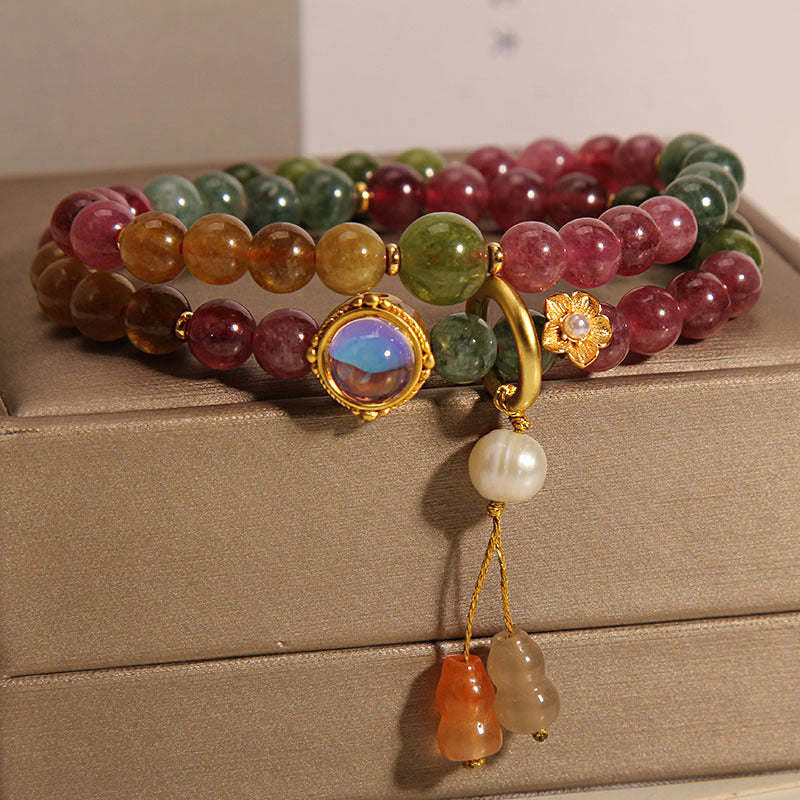 Multicolored Tourmaline Double Wrap Bracelet with Wu Lou Gourd Charm