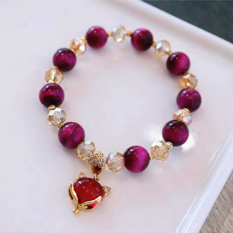 Red Tiger Eye Beaded Bracelet with Carved Pixiu or Fox Totem