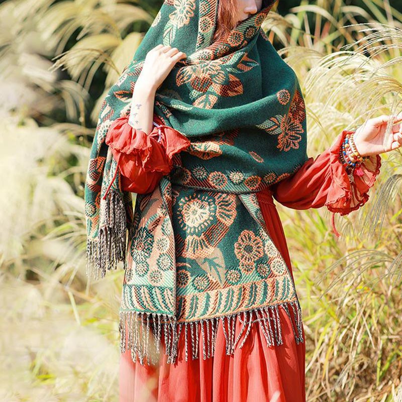 Tibetan Flower Floral Leaves Pattern Design Shawl Cozy Travel Scarf Wrap