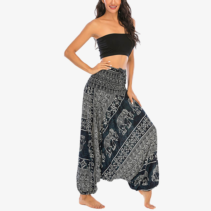 Two Style Wear Elephant Pattern Loose Smocked Harem Trousers Jumpsuit Women's Yoga Pants
