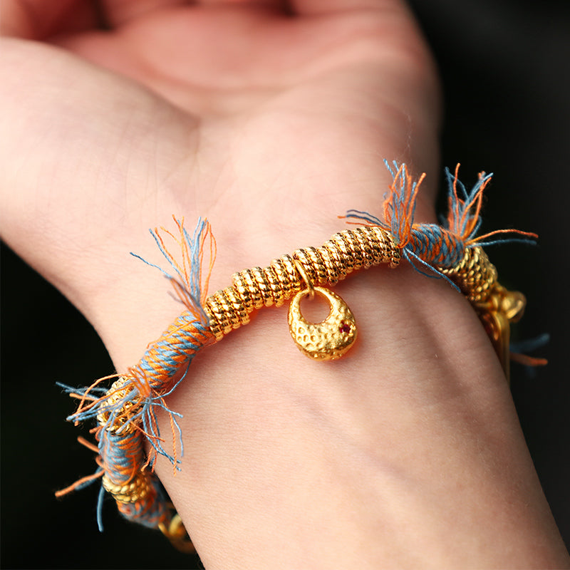 Handmade Tibetan Multicolored Rope Braid Bracelet with Red String & Copper