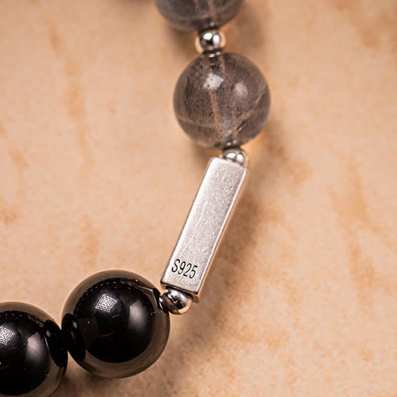 925 Sterling Silver Black Obsidian and Moonstone Beaded Couple Bracelet Set