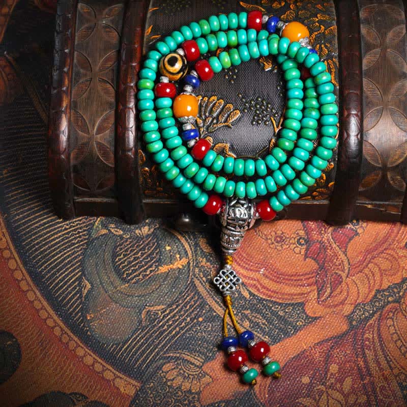 108 Tibetan Turquoise Amber and Dzi Bead Meditation Mala Bracelet