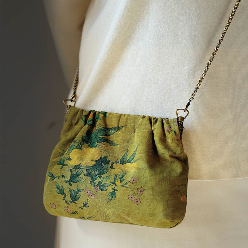 Yellow Green Flower Black Persimmon Metal Chain Crossbody Bag Shoulder Bag Handbag