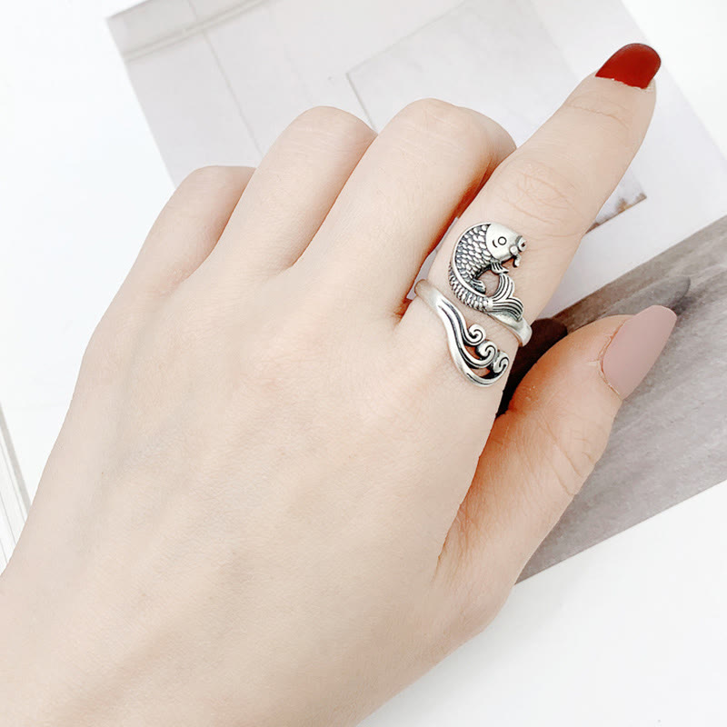 925 Sterling Silver Koi Fish Water Ripple Adjustable Ring