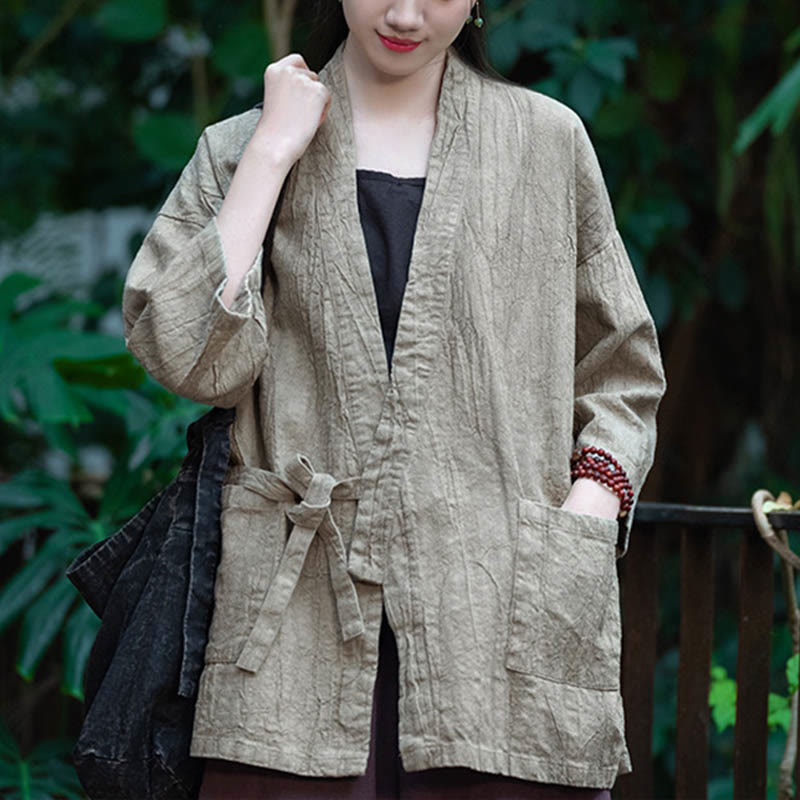 Hanfu Design Three Quarter Sleeve Ramie Linen Coat Open Front Top Jacket