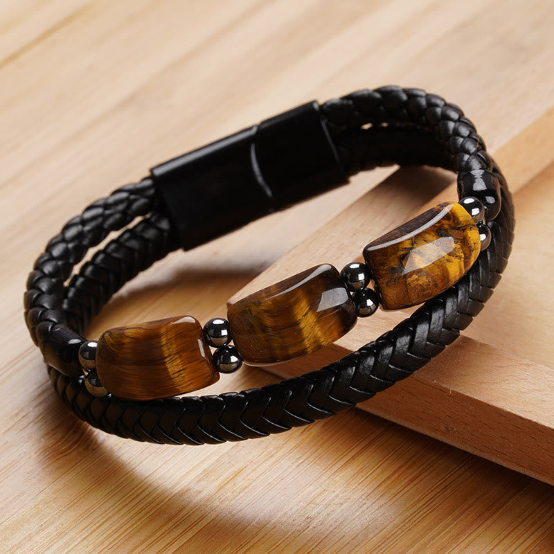 Natural Tiger Eye and Hematite Leather Bracelet with Magnetic Buckle