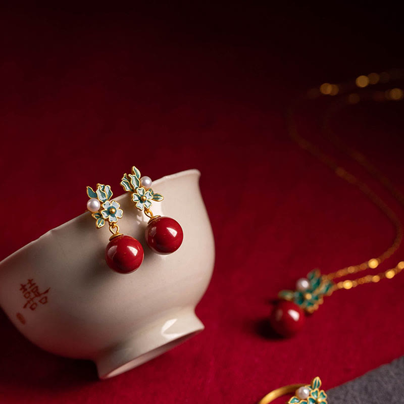 925 Sterling Silver Plated Gold Cinnabar Pearl Flower Blessing Necklace Pendant Earrings Ring Set