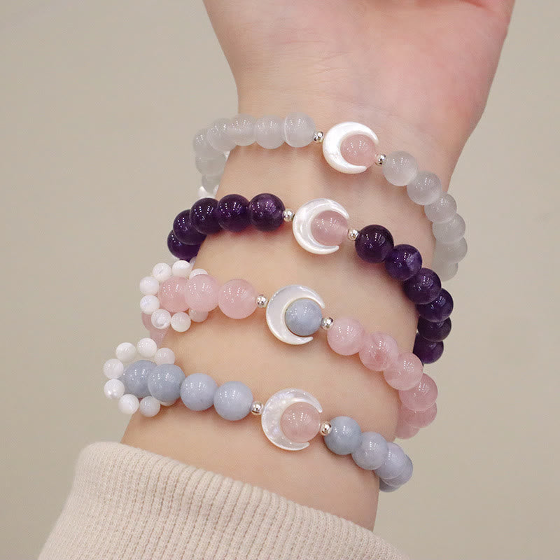 925 Sterling Silver Crescent Moon Natural Gemstone Charm Bracelet