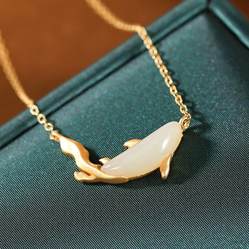 925 Sterling Silver White Jade Dolphin Luck Necklace Pendant