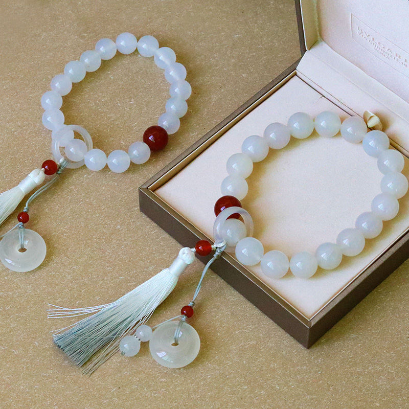 White Agate Red Agate Luck Wrist Mala Tassels Pocket Mala Car Decoration